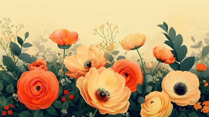 Floral and botanical background, Abstract pattern with spring flowers on a cream background