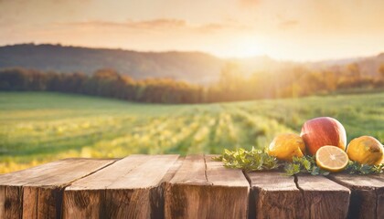 farm wood nature field fruit table product grass garden background stand green food nature wood landscape morning farm outdoor sky podium forest stump beauty sun scene platform view beautiful trunk - obrazy, fototapety, plakaty