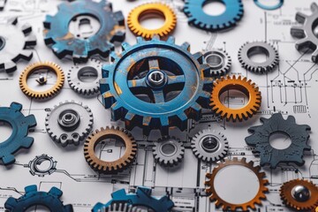 A collection of gears of different sizes and colors are arranged on a white background. Concept of complexity and precision, as each gear plays a unique role in the overall machinery