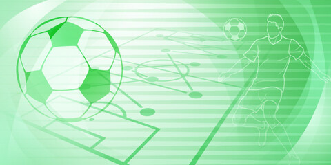 Football themed background in green tones with abstract lines and curves, with sport symbols such as a football player, stadium and ball