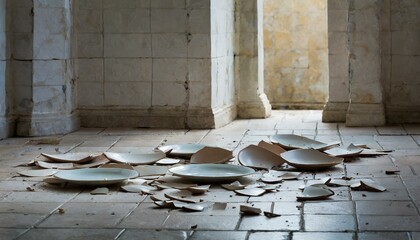 Broken dishes lie on the floor