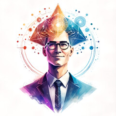 A man wearing glasses, a tie, and a colorful hat. He is standing in front of a white background, which features a pattern of interconnected shapes. Creative concept of the human mind.
