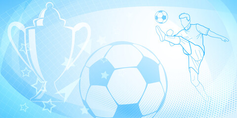 Football themed background in blue tones with abstract dots and curves, with sport symbols such as a football player, cup and ball