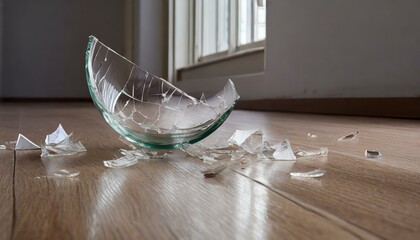 Broken glass shards lie on the floor