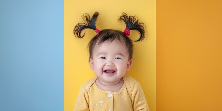 Joyful East Asian Toddler with Pigtails