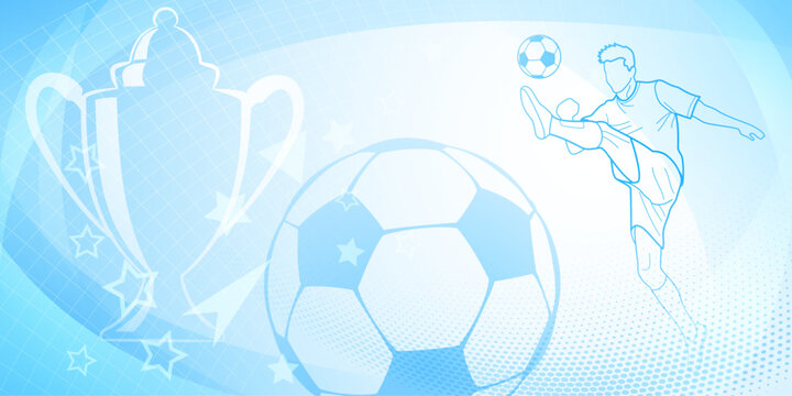 Football themed background in blue tones with abstract dots and curves, with sport symbols such as a football player, cup and ball