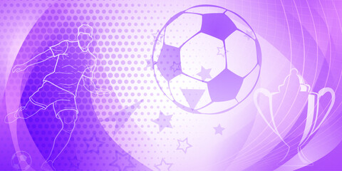 Football themed background in purple tones with abstract dots, lines and curves, with sport symbols such as a football player, ball and cup