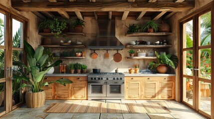  a kitchen with a stove, potted plants, and a potted plant in the corner of the room.