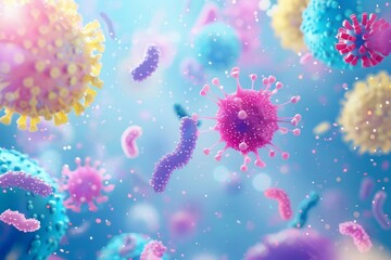 Fototapeta na wymiar Abstract bacteria and viruses, colorful shapes on light background, microbiological 3D illustration