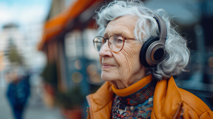 Cool fashionable grandma with headphones and glasses on soft color colorful background.