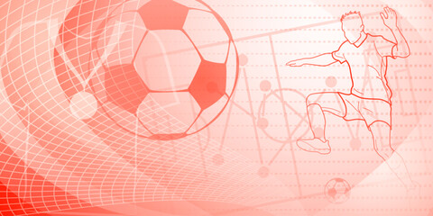 Football themed background in red tones with abstract dotted lines, meshes and curves, with sport symbols such as a football player, stadium and ball