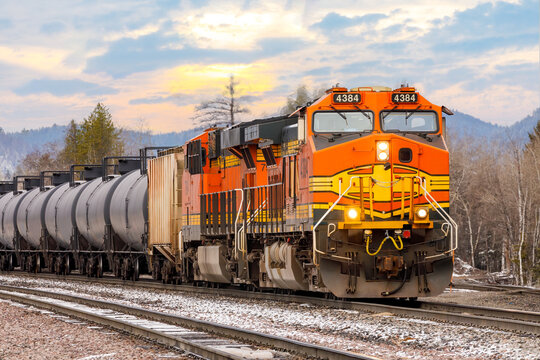 freight train in early spring close to Whitefish, Montana