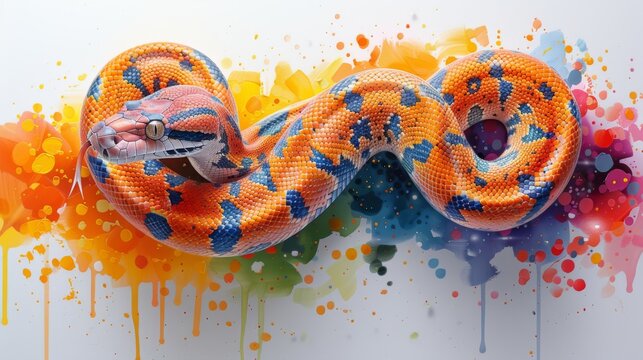  an orange and blue snake on a white background with paint splatters and splatters all around it.