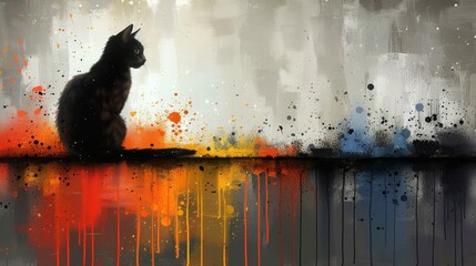  a painting of a cat sitting on the edge of a body of water with paint splatters all over it.