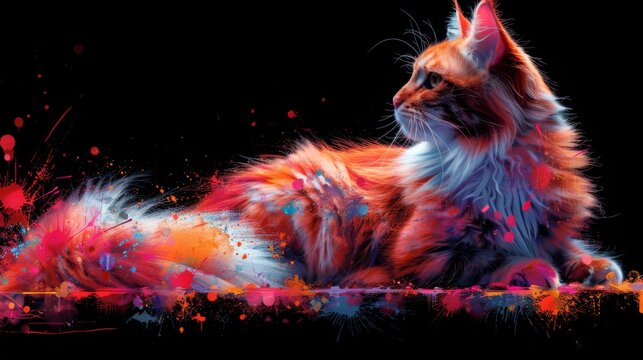  a painting of a cat laying down on the ground with paint splatters all over it's body.