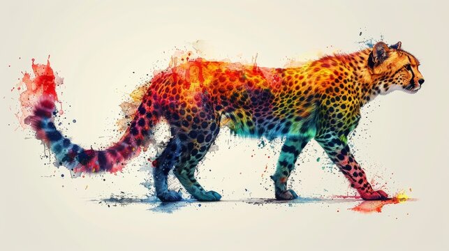  a painting of a cheetah is shown in multi - colored paint splattered on a white background.
