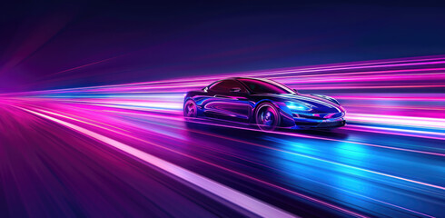 A sports car with vivid neon lights in motion