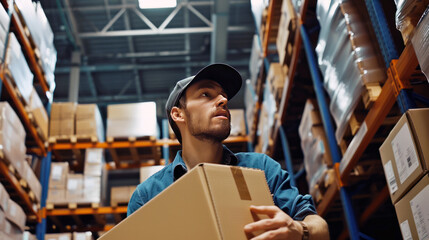 A man wearing a blue shirt and a hat is holding a cardboard box - obrazy, fototapety, plakaty