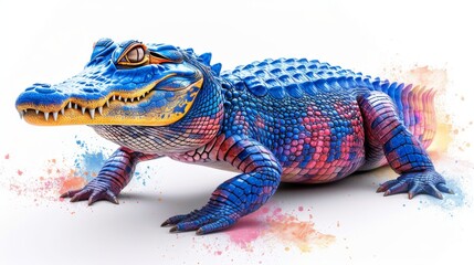  a blue and red alligator sitting on top of a white surface with a splash of paint on it's body.