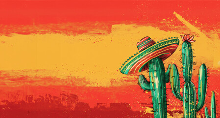 Illustration Of Cactus And Sombrero On a Red And Yellow Background, Cinco de Mayo Celebration, Copy Space