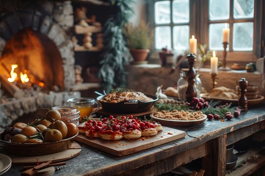 A table is set with a variety of food, including a large bowl of fruit and a tray of donuts. The table is surrounded by a fireplace, creating a cozy and inviting atmosphere