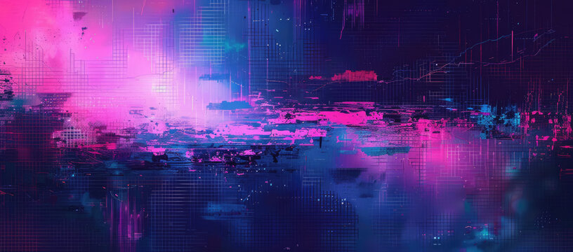 Cyberpunk cityscape with vibrant digital decay