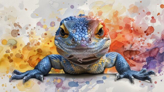  a close up of a blue and yellow lizard on a white surface with paint splatters in the background.