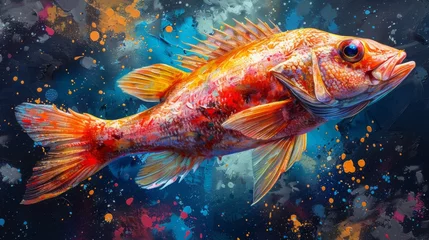 Fotobehang  a painting of a goldfish in a blue and orange water with splashes of paint on it's surface. © Shanti