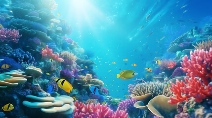 A captivating underwater scene featuring a school of colorful tropical fish in a coral reef.