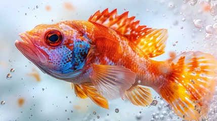 Fotobehang  a close up of a goldfish with bubbles of water on it's back and a blue and orange face. © Shanti