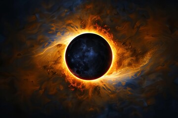Awe-inspiring total solar eclipse, sun's corona visible around moon's silhouette, astronomical phenomenon, digital space illustration