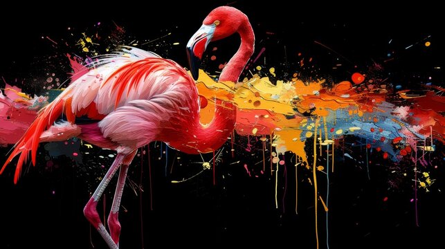  a pink flamingo standing in front of a black background with paint splatters on it's body.