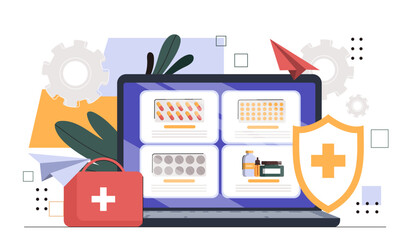 Online pharmacy concept. Laptop with drugs and pills at display and screen. Healt care, treatment and medicine, drugs and pills. Cartoon flat vector illustration isolated on white background