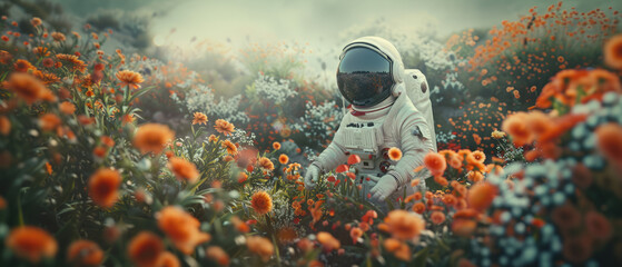 Astronaut amidst a field of vibrant orange flowers