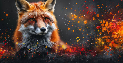  a close up of a red fox with orange and yellow spots on it's face and a black background. - obrazy, fototapety, plakaty