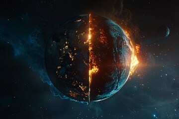 A planet divided one half ablaze the other flourishing showing the stark choices facing humanity - obrazy, fototapety, plakaty