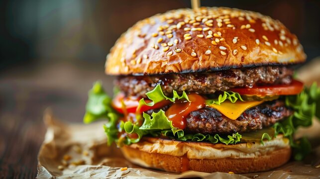 /imagine: Delicious Burger Photography, Juicy, Savory, Crispy, Mouthwatering, Vibrant background --