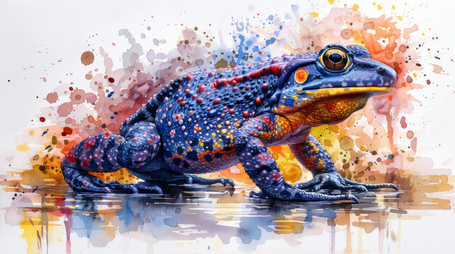  a painting of a blue frog sitting on top of a body of water with a splash of paint all over it.