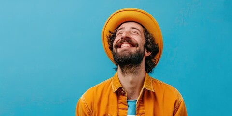 European Man Smiling in Yellow Hat - obrazy, fototapety, plakaty