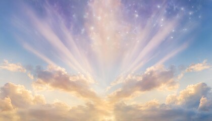 Naklejka na ściany i meble mystical divine angelic sky background with divine light and stars in blue purple colors