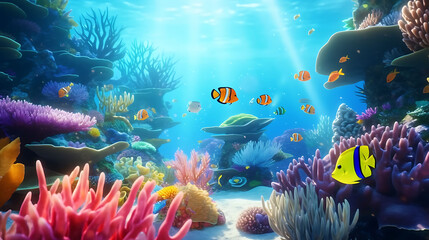 Fototapeta na wymiar A captivating underwater scene featuring a school of colorful tropical fish in a coral reef.