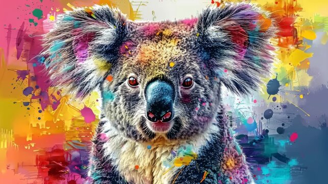  a painting of a koala with colorful paint splatters on it's face and neck and head.