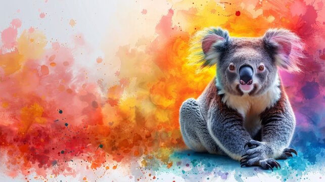  a koala sitting on the ground in front of a multicolored background with a splash of paint on it.