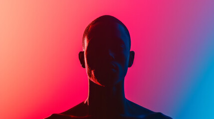Silhouette of a Young Man Against a Vivid Red and Blue Gradient Background