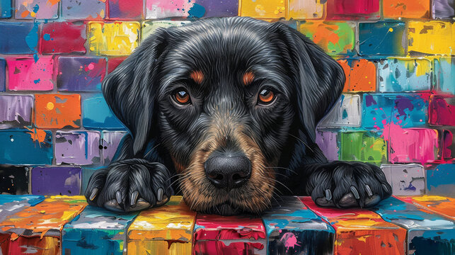  a painting of a black dog resting his head on top of a colorful piece of art that looks like a cube.
