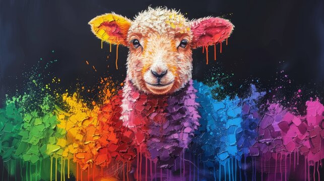  a painting of a sheep in front of a multicolored background with drops of paint on the lamb's face.