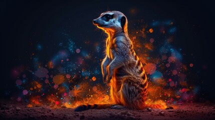  a painting of a meerkat sitting on its hind legs in front of a dark background with bright lights. - obrazy, fototapety, plakaty