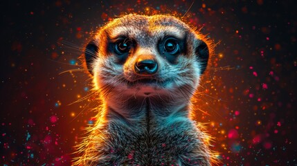  a close up of a meerkat's face in front of a black background with red and blue spots. - obrazy, fototapety, plakaty