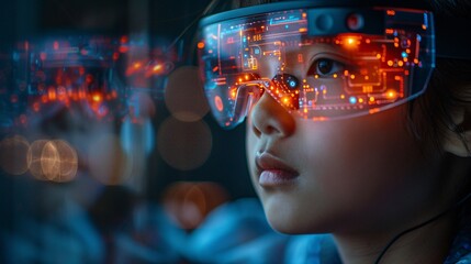 a 12-year-old Asian boy wearing smart glasses. Show the boy in full, with the smart glasses displaying digital information, highlighting his interaction with technology. - obrazy, fototapety, plakaty
