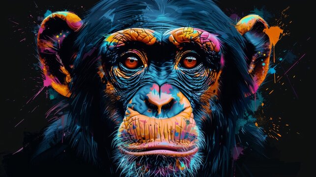  a close up of a monkey's face with colorful paint splatters on it's face and a black background.